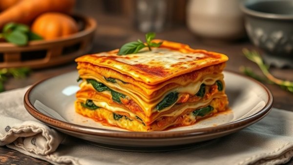 Delicious butternut squash lasagna slice on a plate with leafy garnish.
