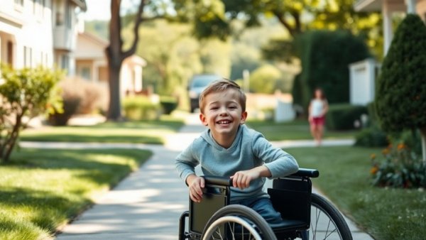 Young boy smiling in wheelchair on a sunny day, surrounded by adults.