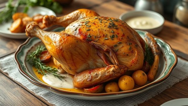 Whole roasted chicken recipe with vegetables and herbs.