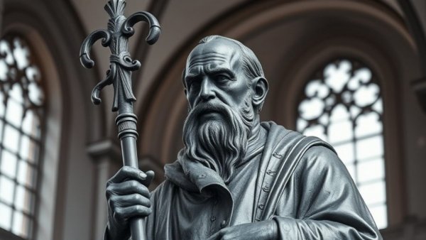 Bronze statue of elderly man with staff, natural lighting.