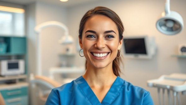 Smiling dental professional in modern clinic discussing zirconia vs titanium implants biocompatibility.