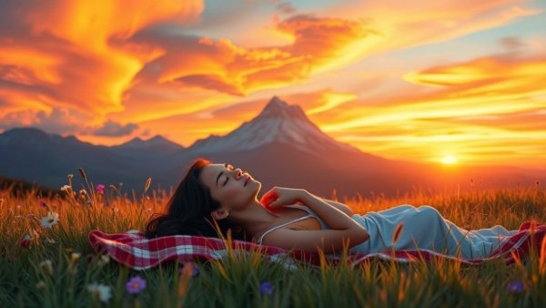 Serene scene of a woman resting outdoors at sunset, learning to feel safe resting.