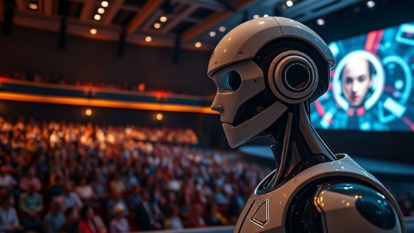 Futuristic robot presented at Manus AI Technology Innovations stage event.