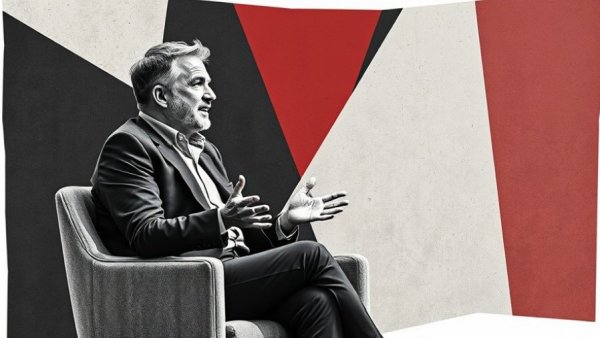 Monochrome man gesturing in modern graphic style with colorful background, related to OpenAI ChatGPT model router rollback.