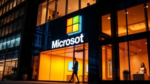 Night view of Microsoft storefront with illuminated logo.