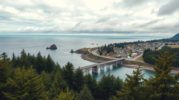 Aerial view of Oregon coastal town and bridge highlighting tsunami shelter funding concerns.