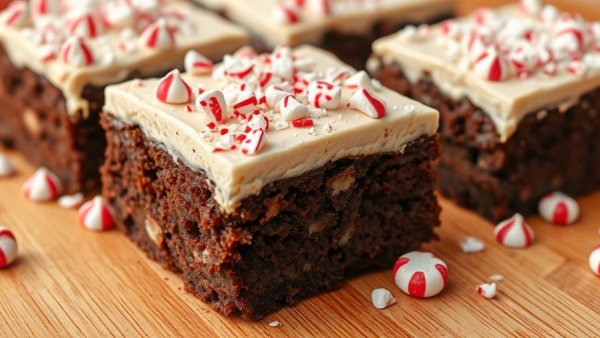 Fudgy chocolate peppermint snacking cake with frosting and candy.