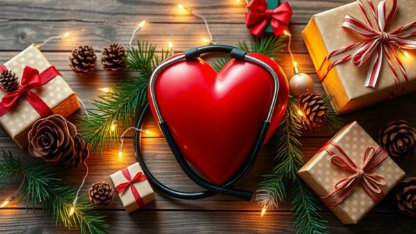 Holiday scene with red heart, stethoscope, and decorations related to Christmas coronary heart trouble.