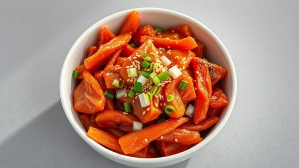 Vibrant kimchi dish boosts immune system, garnished in a white bowl.