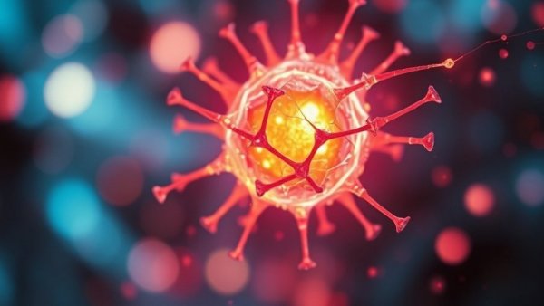 Vibrant abstract cell depiction related to mitochondrial RNA leakage and aging.