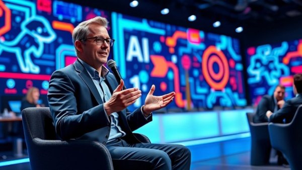 AI Era in Film and Marketing: Speaker discussing AI advancements in modern pop art conference setting.