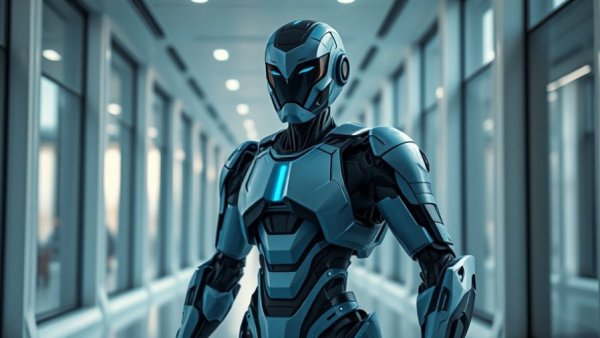 AI-native healthcare workflow automation with humanoid robot in futuristic setting.