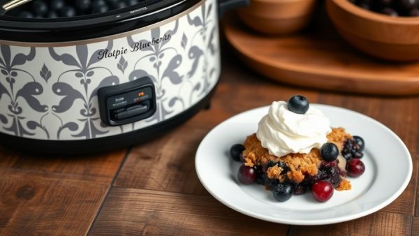 Slow Cooker Blueberry Crisp served with whipped cream on a plate.