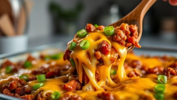 Sloppy Joe casserole with melted cheese and green onions.