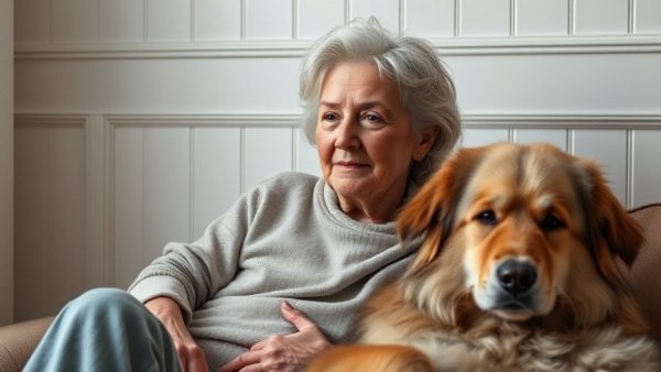 Serene older woman with dog, soft lighting, reflecting on public shaming consequences.