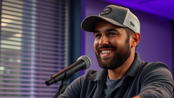 Smiling man in a cap with microphone in ambient light.