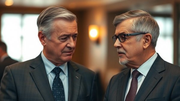 Two mature men in suits discussing in a formal setting.