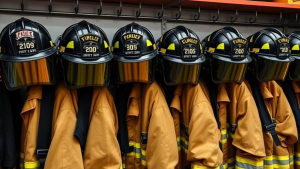 Firefighter safety gear lined up in a firehouse.