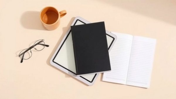 Minimalist book cover on tablet with coffee and glasses, warm tone.