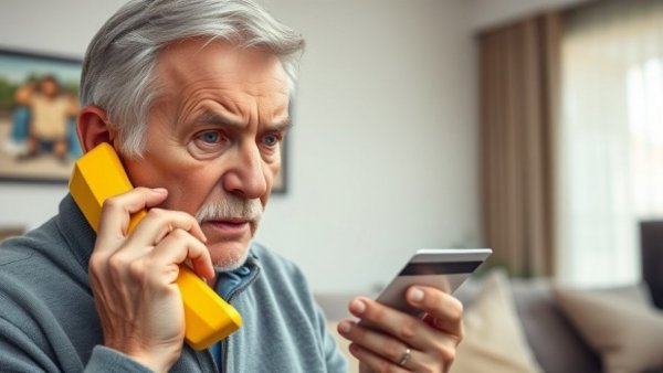 Elderly man concerned about scams in 2025, holding phone and credit card.