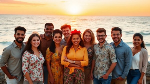 Diverse group in front of ocean sunset, promoting transformative change strategies for 2026.