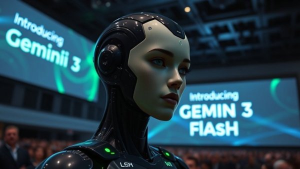 Futuristic AI presentation showcasing Gemini 3 Flash developments.