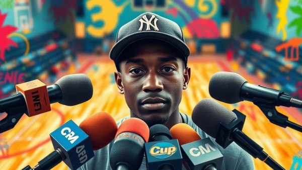 Artistic portrait with microphones and abstract background.