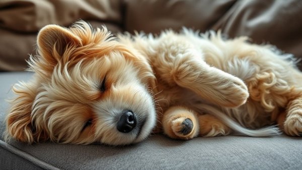 Fluffy dog resting indoors, embodying relaxation and comfort.