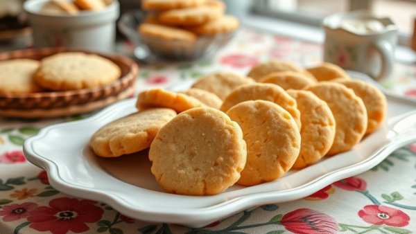 Almond flour shortbread cookies on a white platter with floral cloth.