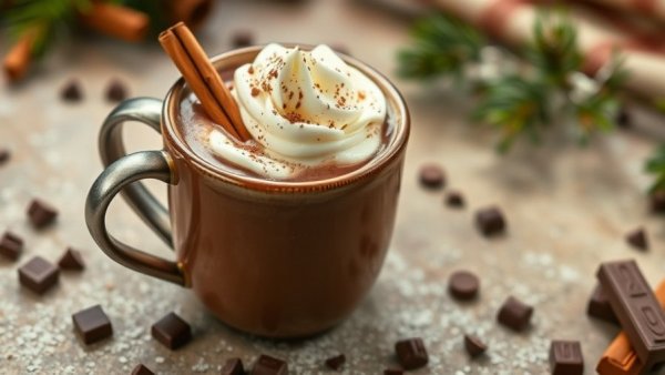 Cozy rustic mugs of healthier hot chocolate with cinnamon sticks.