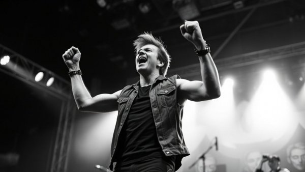 Fela Kuti performs powerfully on stage with raised fists.