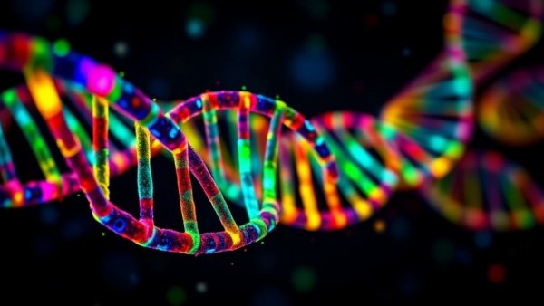 Colorful DNA sequences with fluorescent bands in dark.