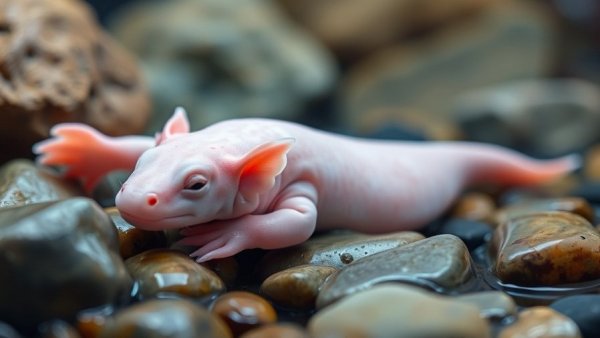 Soft-pink axolotl resting on stones showcasing Axolotl regeneration abilities.