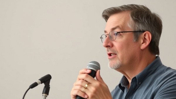 Mid-aged male explaining on how to stay motivated, speaking into microphone, indoor setting.