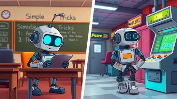 AI reward hacking illustrated with playful cartoon robots competing.