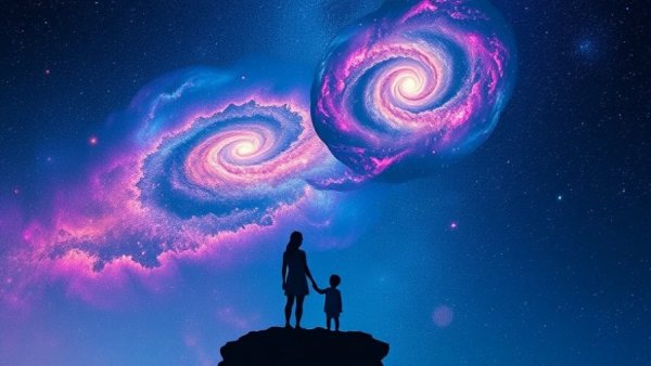 Majestic scene of woman and child embracing the cosmos, symbolizing coping with childhood trauma.