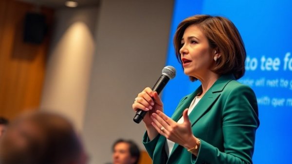 Confident woman speaking on AI safety legislation, conference setting.