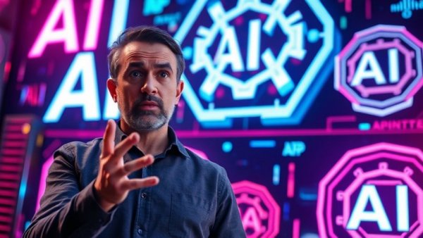 Man gesturing amid AI logos, AI News context