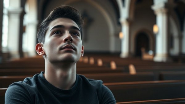 Young man in church, reflecting on deaths of despair and church attendance.