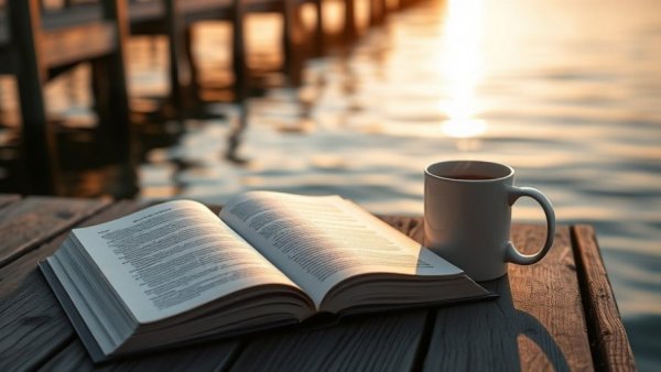 Peaceful morning routine with book and mug by the water, Daily Habits for Life Transformation.