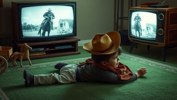 Child watches Western on vintage TV, capturing nostalgic scene.