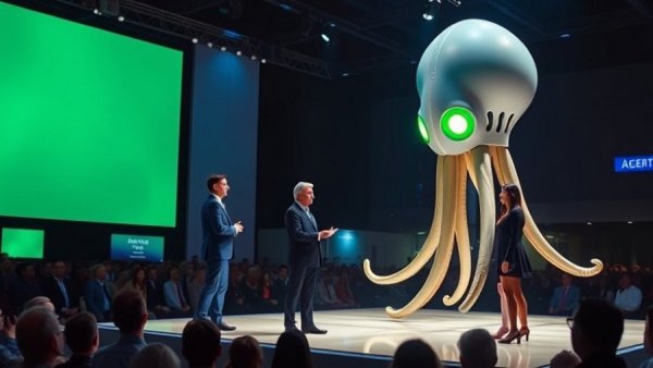OpenAI Caribou Model presentation with squid-like robot AI on stage.