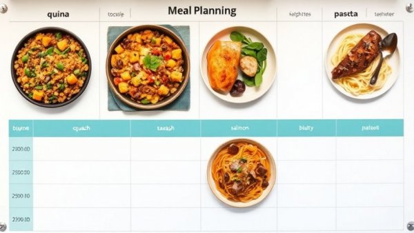 Weekly meal planning layout with diverse dishes for each weekday.