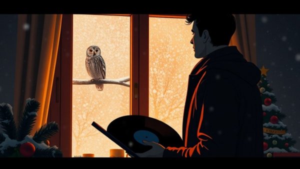 Cozy winter scene of person with Christmas record seen through window.