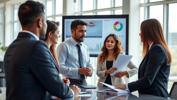 Professionals discussing AI presentation tools with charts on a digital monitor.