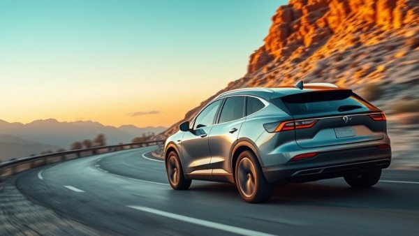 Sleek electric SUV driving at sunset, hinting at electric vehicle bankruptcy.