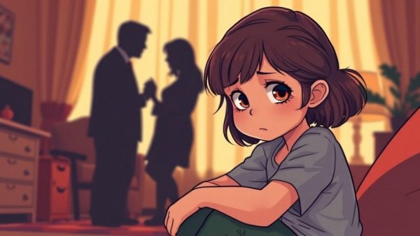 Grieving young girl with parents' silhouette in background