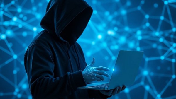 AI and quantum computing cybersecurity concept with hooded figure and digital holograms.