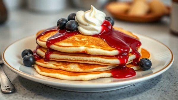 Tasty Swedish pancakes with berry sauce and cream.