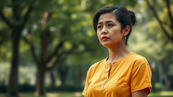 Pensive woman outdoors reflecting on mental health treatment crisis.